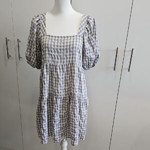 Blue and White Gingham Puff-Sleeve Tiered Midi Dress